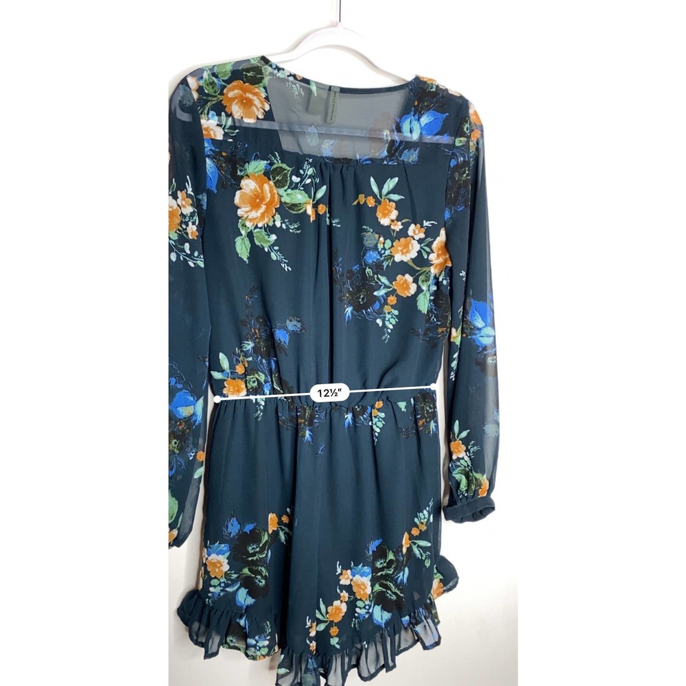 Japna Navy Floral Summer Sheer Ruffle Romper Size L Large V Neck Blue Green - Picture 9 of 10
